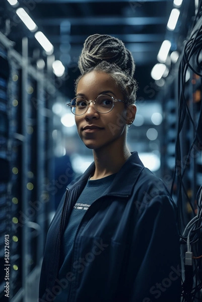 Fototapeta Retrato mulher negra especialista engenheira de negócios tecnologia da informação computação engenheira especialista data center banco de dados servidor tecnologia business big data IA Generativa
