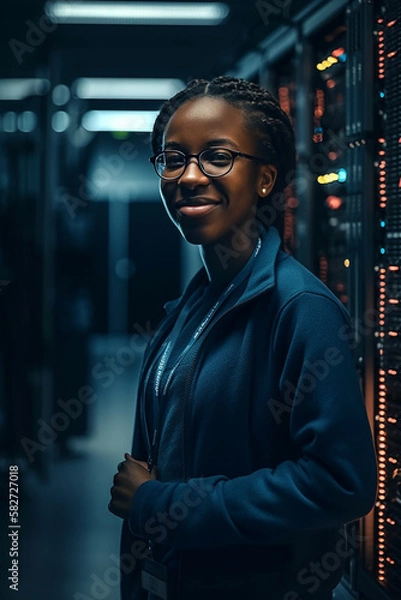 Fototapeta Retrato mulher negra especialista engenheira de negócios tecnologia da informação computação engenheira especialista data center banco de dados servidor tecnologia business big data IA Generativa