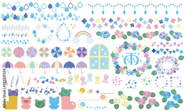 Fototapeta 雨とアジサイの時期のかわいい素材セット