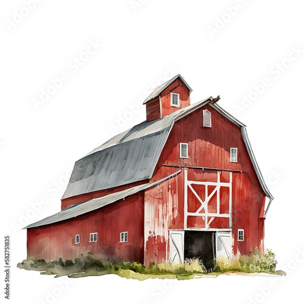 Fototapeta Watercolor Red Farm Barn, Generative AI