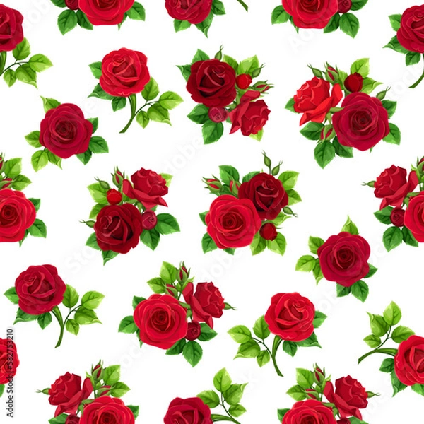 Fototapeta Floral seamless pattern with red rose flowers and green leaves on a white background. Vector illustration 