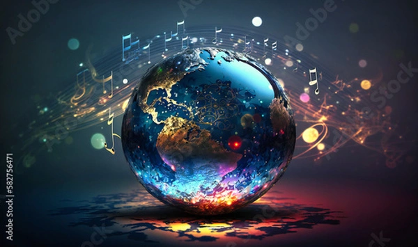 Fototapeta A musical globe manipulation background with music notes representing the world's diverse sounds