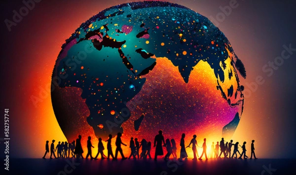 Fototapeta A symbolic globe manipulation background with human silhouettes representing diversity and inclusion