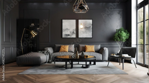 Fototapeta modern black luxury contemporary living room interior with furniture, generative ai