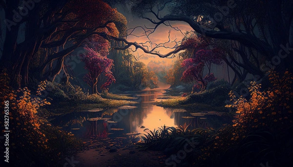 Fototapeta Fantasy magical forest lake, landscape, generative AI