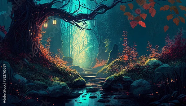 Fototapeta Fantasy magical forest path, water, lantern, night, generative AI