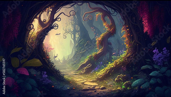 Fototapeta Fantasy magical forest path, green, flowers, generative AI