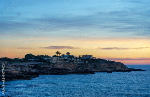 Obraz A stunning mansion perched on a mountain at the shore, surrounded by the sea. Palm trees, rocks, and the beautiful colors of the sunset dominate the landscape