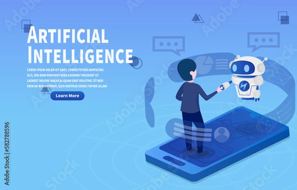Fototapeta Handshake between humans and AI on mobile phones. Displaying digital databases on screens around humans and robots. Improving Innovation for Artificial Intelligence Success. Vector illustration.
