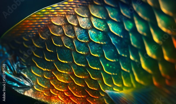 Fototapeta A close-up view of the iridescent and translucent scales on a fish