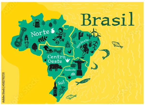 Fototapeta Brazil map. With different flora and fauna symbols, geographic names, letters. Vector illustration.
