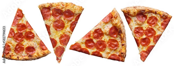 Obraz slices of pepperoni pizza at different angles isolated and shot from top down view on transparent background

