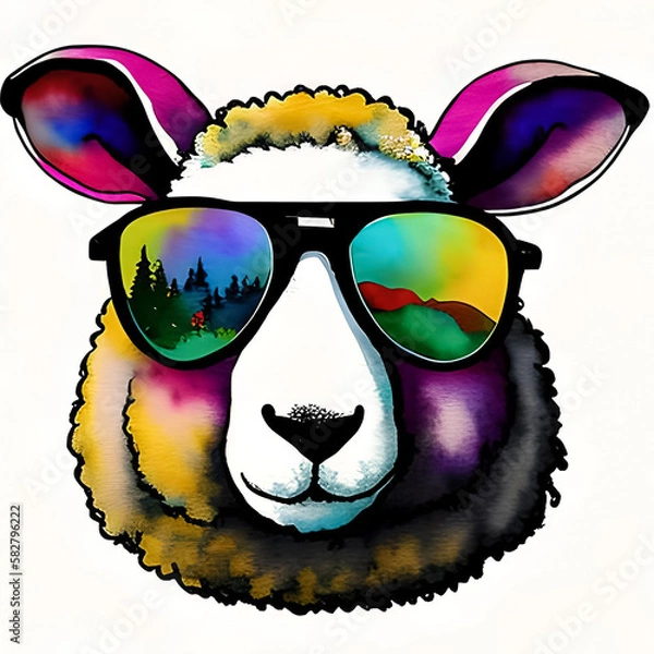 Fototapeta Watercolor sheep in sunglasses.  Generative AI