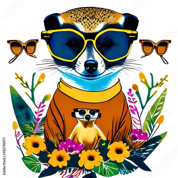 Fototapeta Happy meerkat in green leaves wearing sunglasses and sweater, watercolor drawing.  Generative AI.