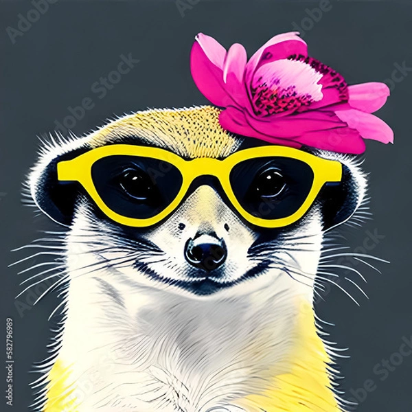 Fototapeta Happy meerkat in sunglasses, watercolor drawing.  Generative AI.