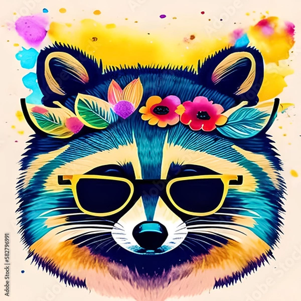 Fototapeta A happy meerkat with a flower wreath on his head and wearing sunglasses, watercolor illustration.  Generative AI.
