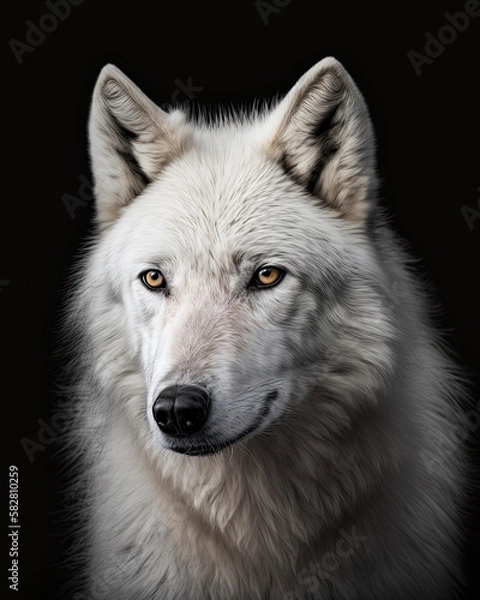 Fototapeta Generated portrait of a white wolf with bright yellow eyes on a contrasting black background 