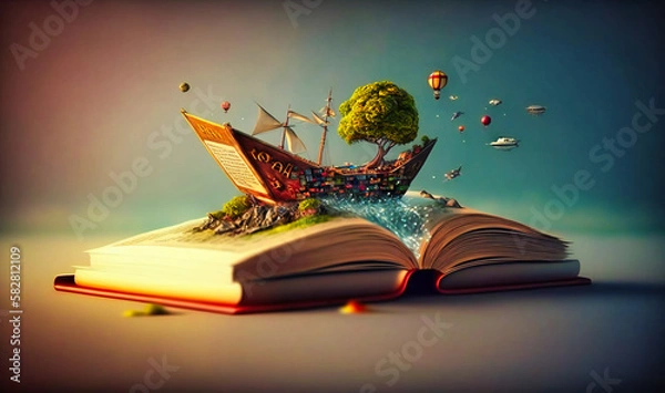 Fototapeta Imaginative illustrations bursting out of an open book