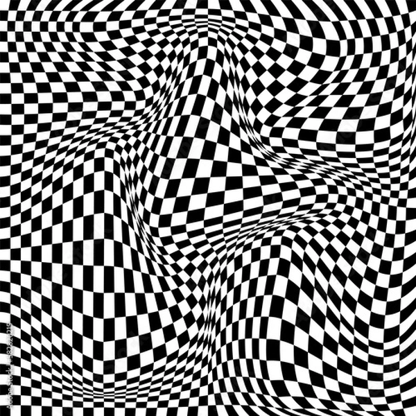 Fototapeta Abstract black and white texture or chess concept 3d background. Damage wavy pattern with the effect of illusion. Vector illustration.