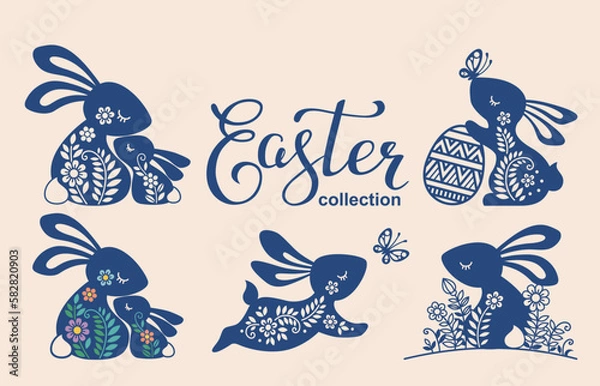 Fototapeta Set of ornate easter bunny's. Vector illustration hare, bunny, rabbit and butterfly. Silhouette of cute bunny with Easter egg, butterfly for laser cut or card