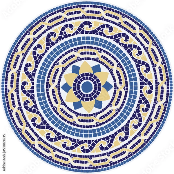 Fototapeta Mosaic circular ornament in blue and yellow colors. For ceramics, tiles, ornaments, backgrounds and other projects.
