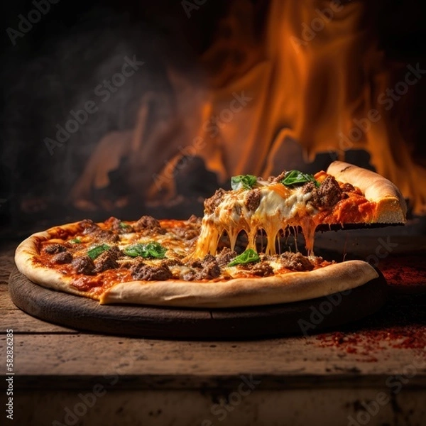 Fototapeta Italian food, delicious homemade pizza with mozzarella and cherry tomatoes ready to eat.