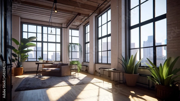 Obraz A loft style sunlit, open-concept living area with large windows, featuring cozy furniture made from sustainable materials, handwoven wool blankets, cotton cushions and complemented by plants.