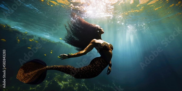 Fototapeta Beautiful black mermaid in the water. Randomly generated not based on a real person. generative AI