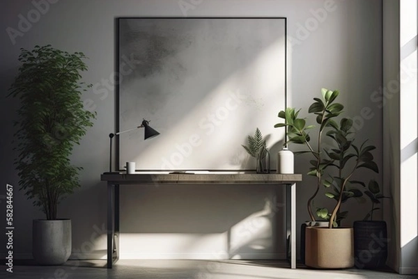 Fototapeta Model of a blank poster on the wall of a space that has a console and a plant. Shadows and sunlight. Generative AI
