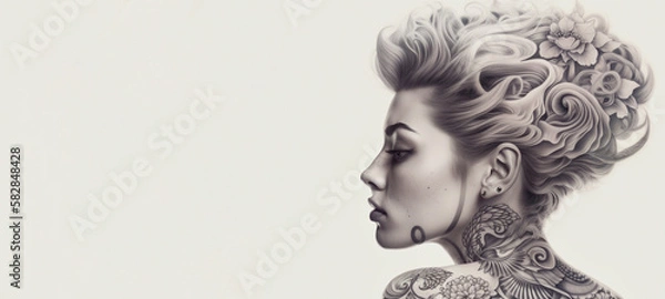 Obraz Detailed, realistic drawing of a beautiful woman with detailed tattoo on her face and neck. Isolated on white background. generative AI