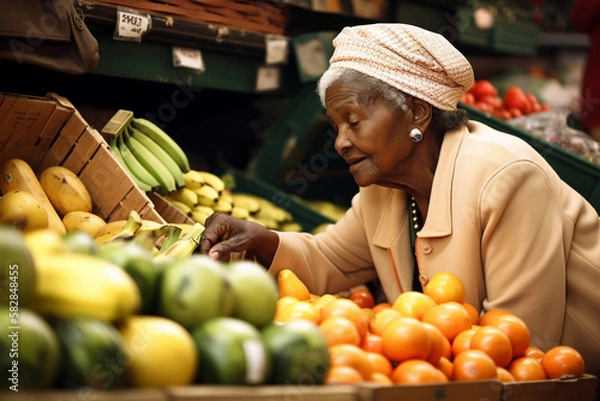 Obraz Mature African American woman shopping for fresh produce at the market. generative AI
