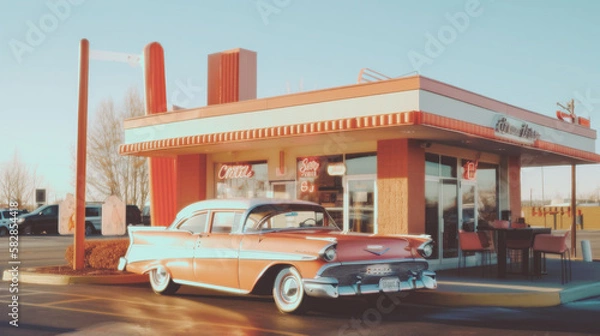 Fototapeta Bask in the sunshine at a classic 1950s American diner with pin-up style, featuring nostalgic neon signs, vintage décor, With Retro Cars . Generative AI