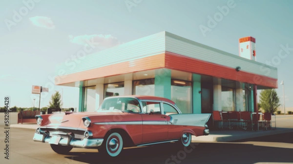 Fototapeta Bask in the sunshine at a classic 1950s American diner with pin-up style, featuring nostalgic neon signs, vintage décor, With Retro Cars . Generative AI