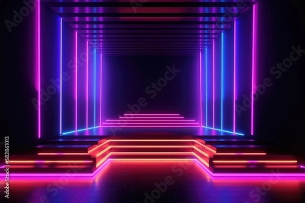 Fototapeta Neon lamp stage background. Glowing futuristic product display stand podium Against Background, neon geometric shape for product display presentation.
