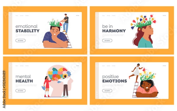 Fototapeta Mental Health Landing Page Template Set. Characters Treat Depression, Loneliness, Brain Development Or Hopelessness