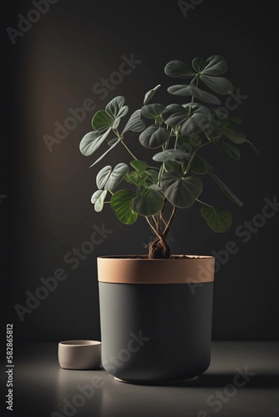 Fototapeta a little plant in a black and gold pot, on a black backround, Environmentally friendly