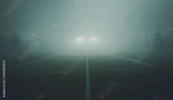 Fototapeta A footballfield with fog in the dark, mystic mood, two headlights in the backround
