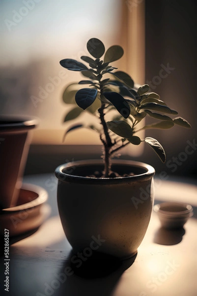 Fototapeta a little plant in a pot in the backround is the morning light in the window, good environmnet