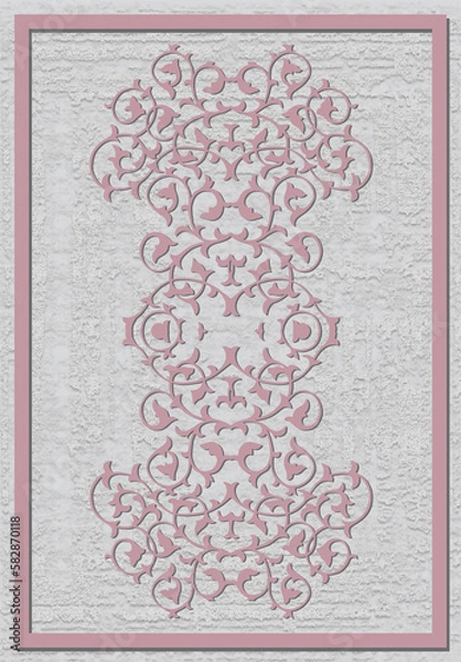 Obraz Carpet and rug pattern with rectangular borders, leaf motifs, worn surface machine weaving