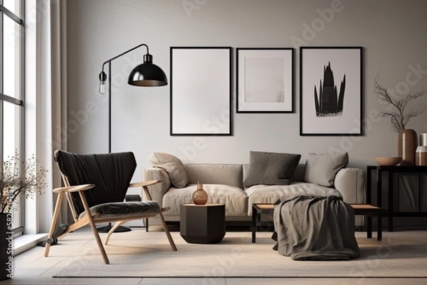 Fototapeta contemporary minimalism, Scandinavian design, a living room's interior, and,. Generative AI