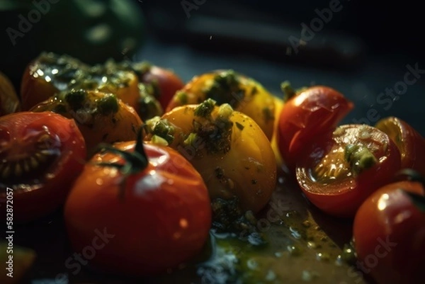 Obraz Stuffed cherry and yellow tomatoes drizzled in pesto - Generative AI