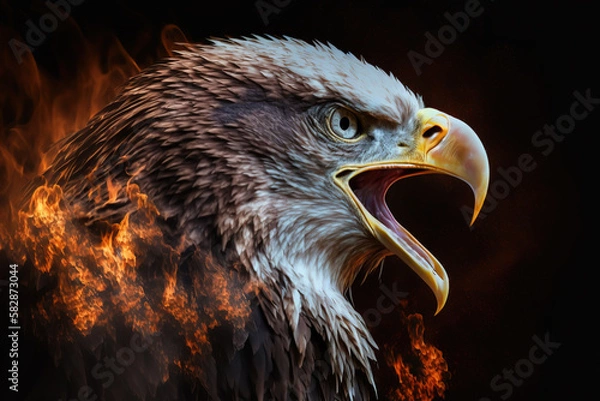 Obraz Generative AI. Illustration of fire burning eagle with black background