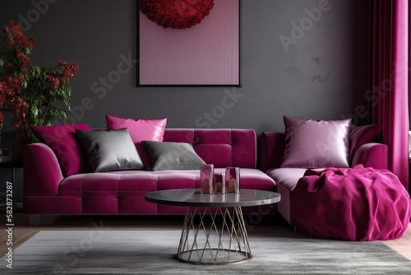 Fototapeta Viva la room background in magenta 2023. Stylish accent furniture for the sofa and table in modern house design. Couch in gray with pillows in burgundy crimson. mock up of a room's interior decor