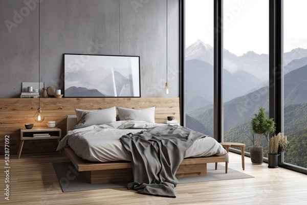 Fototapeta Bedroom interior corner with a double bed, bedside table, horizontal poster, and a sizable window with a mountain view. Generative AI