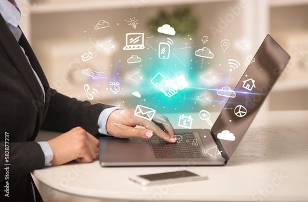 Fototapeta Businessman working on laptop with new business concept