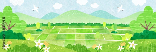 Obraz 畑が広がる田舎の風景 自然あふれる水彩イラスト