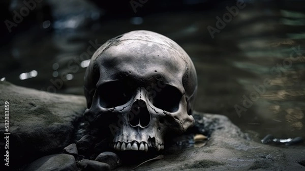 Fototapeta A human skull in the border of a river. Generative AI illustration.