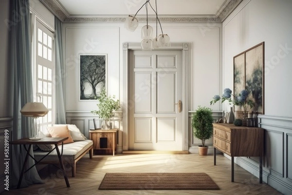 Fototapeta A vertical poster next to the door, books, flowers in a vase on a wooden console, a serving table with dark wooden seats next to a light sofa with pillows, and a bright modern classic room are all fea
