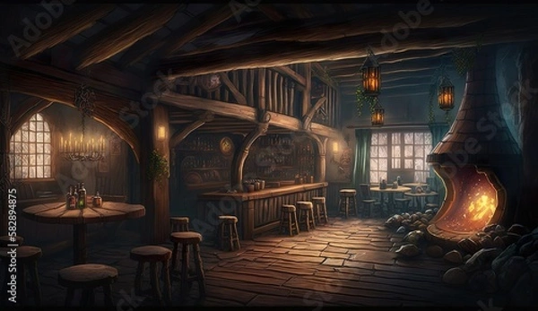 Obraz Generative AI, Fantasy Taverne, Mittelalterliche Taverne.