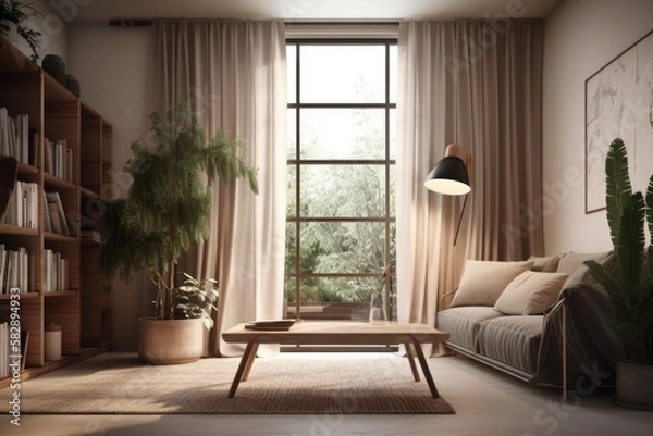 Fototapeta a room with a brown curtain, a wooden table, pampas grass, and a grey sofa. Generative AI